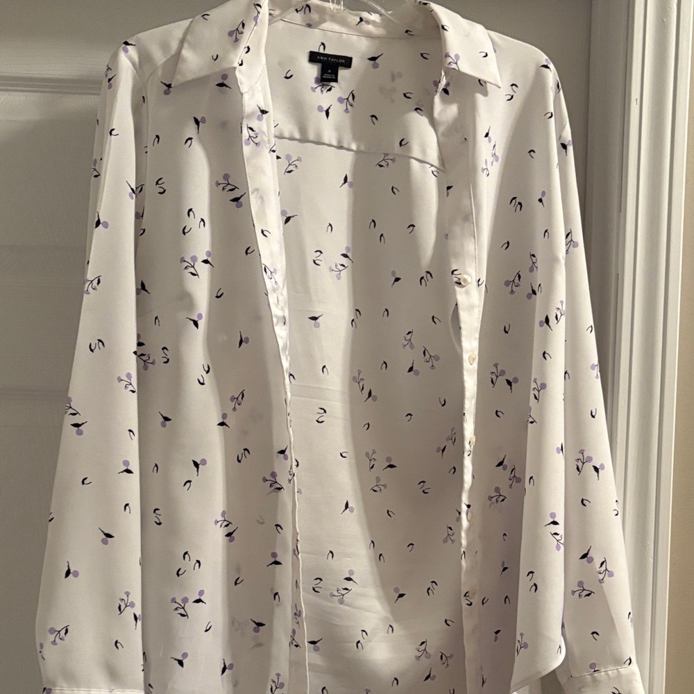 Ann Taylor White Blouse with Purple Floral Print